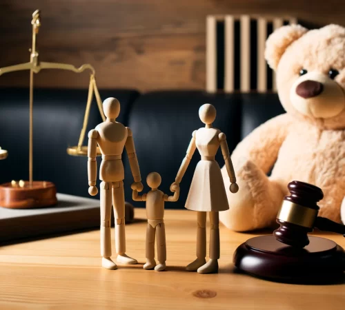 A-conceptual-image-showing-a-family-represented-by-wooden-figures-of-a-man-a-woman-and-a-child-standing-on-a-table.-The-background-includes-a-gavel
